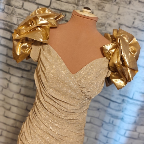 Stunning gold on gold Zum Zum vintage 80s ruched Body Con mini Dress poufy  SM - Picture 8 of 13